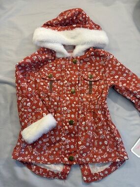 Little Lass NWT Rust-Orange Floral Coat with White Faux Fur Hood